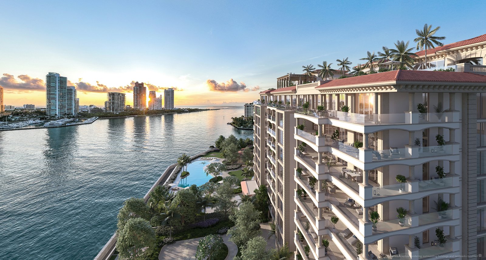 Luxury waterfront residences with expansive terraces overlooking the bay, surrounded by greenery and high-rise buildings at sunset, located at Six Fisher Island Residences